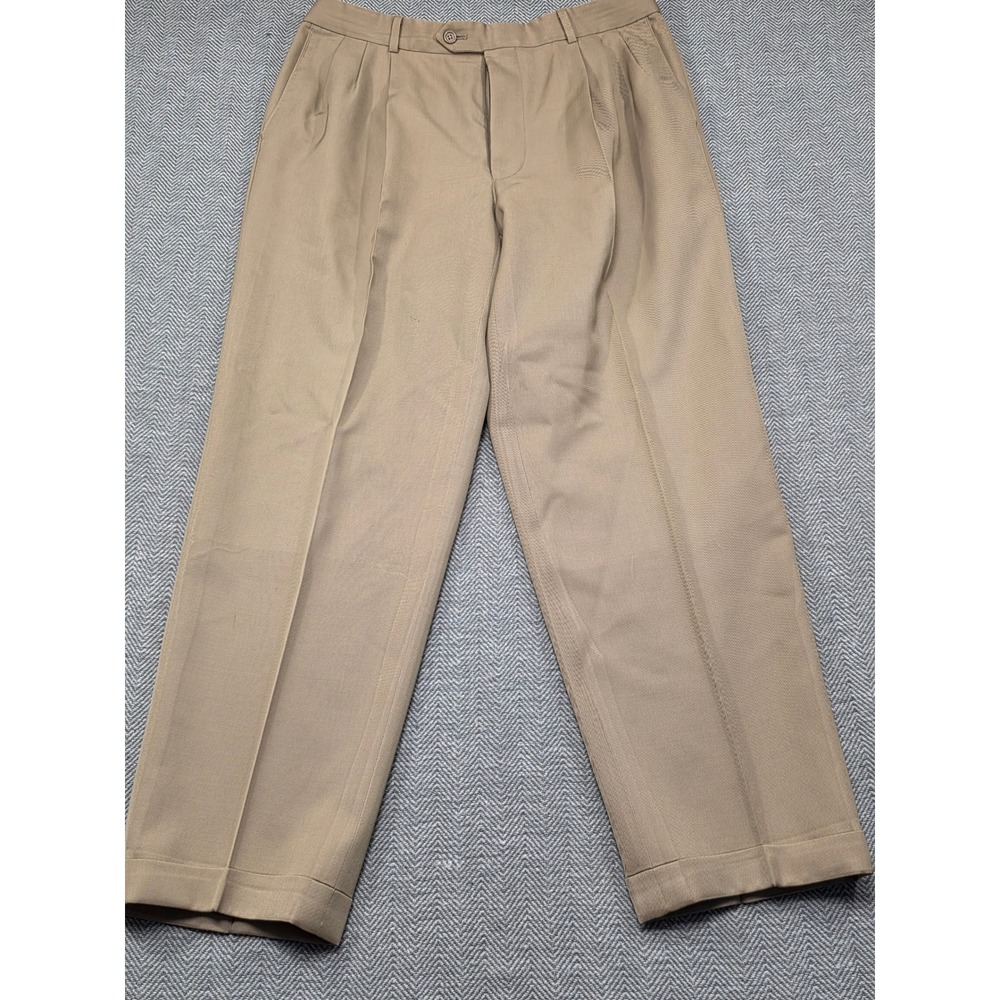 Paul Dione Mens 36 Tan Worsted Wool Pleated Cuffed Dress Pants Made in Canada